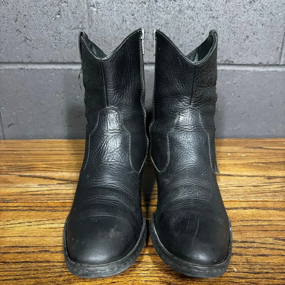 Born Women’s Black Leather Ankle Boots Side Zip Low Heel Western Size 9